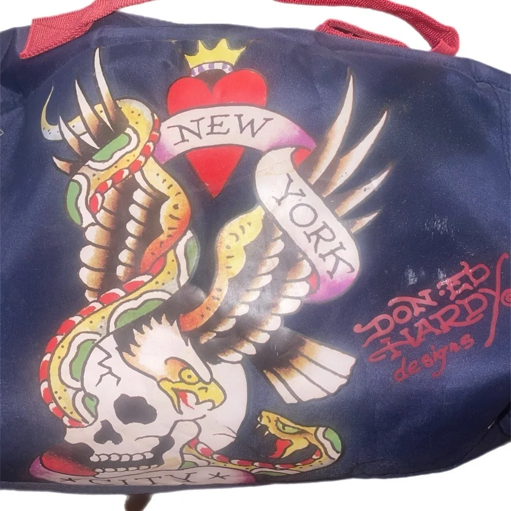 Ed Hardy large duffel bag in navy with red strap skull design P9